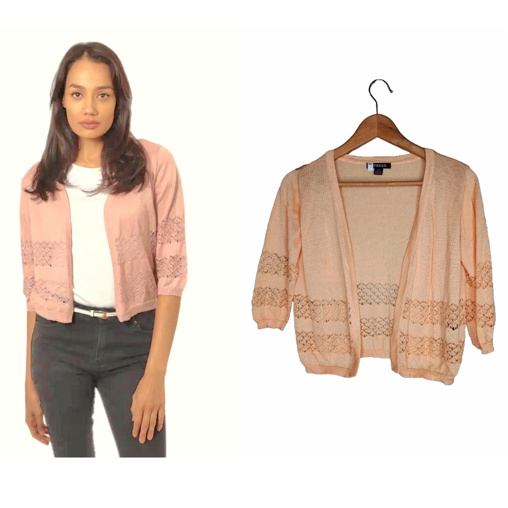 Impress 3/4 Length Sleeve Shrug Cardigan Sweater in Peachy Orange Size S